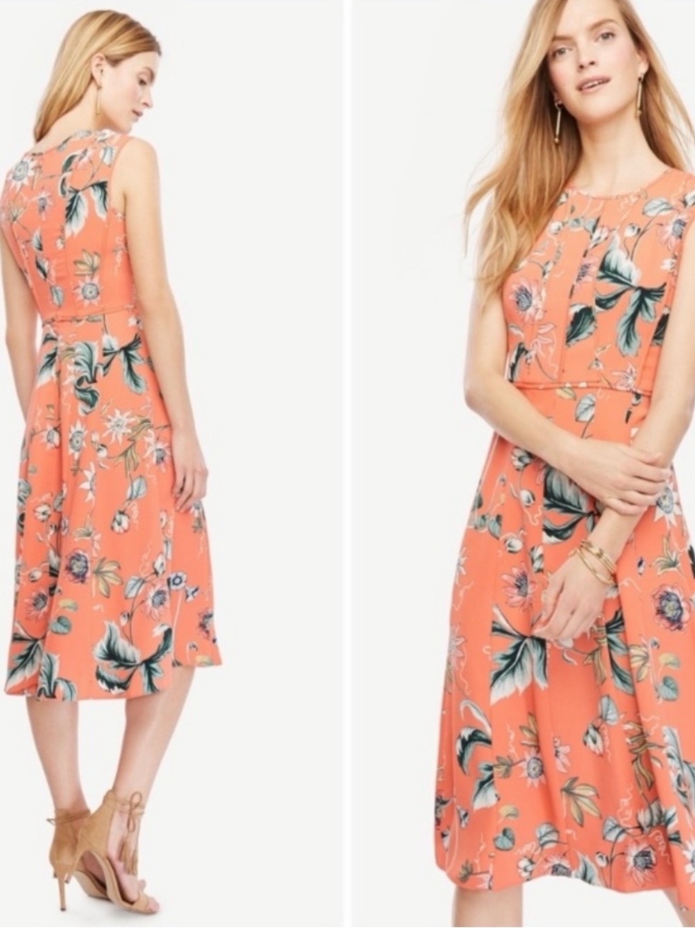 Ann Taylor Floral Oasis Midi Dress 8 Pink Salmon Coral